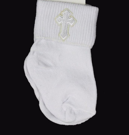 Baptism Sock With Cross - White - Grandma's Little Darlings