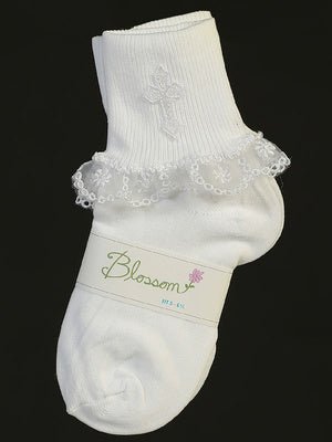 Baptism Sock With Lace & Cross - White - Grandma's Little Darlings