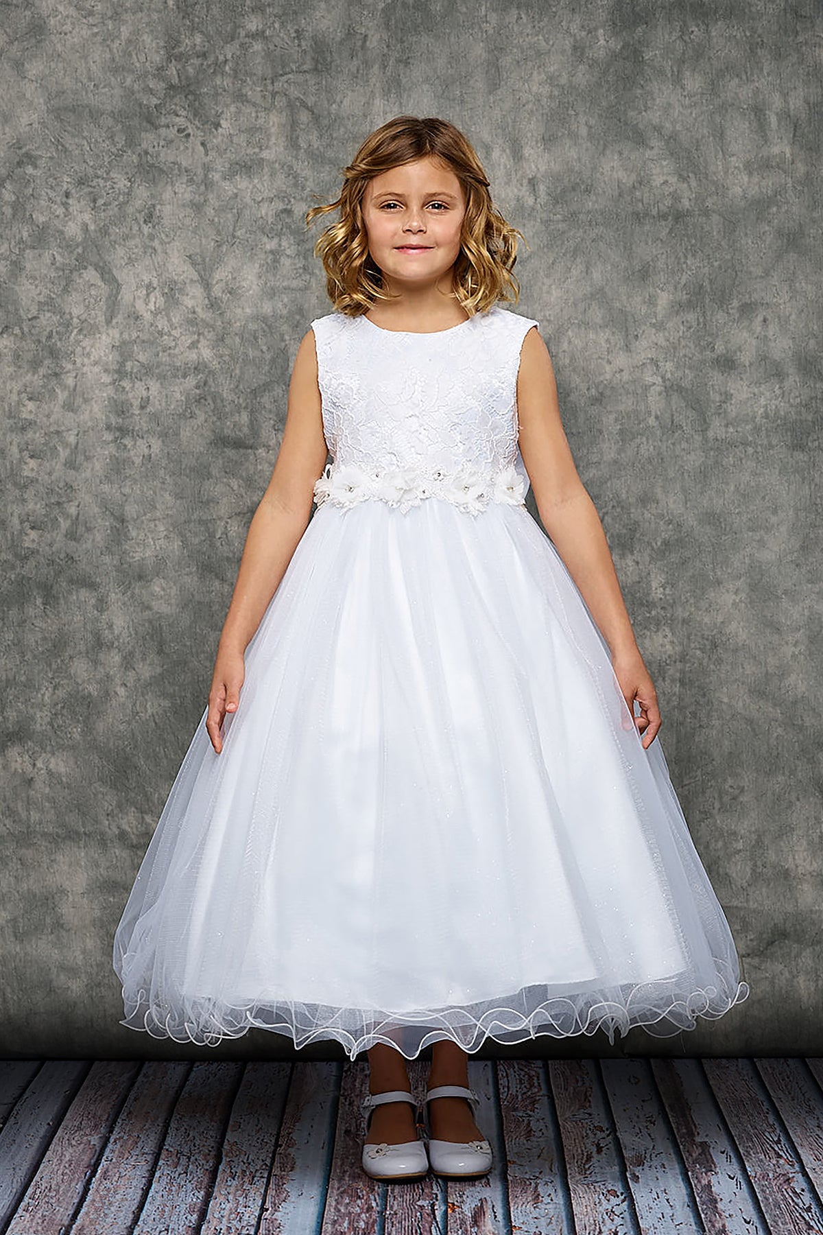 Lace & Glitter Tulle Girls Dress - Ivory & White