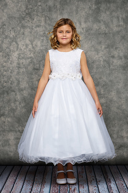 Lace & Glitter Tulle Girls Dress - Ivory & White