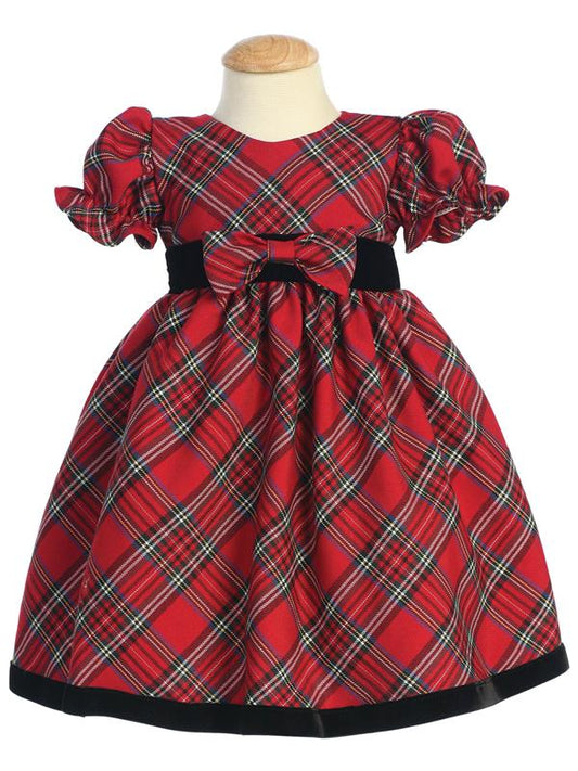 Plaid Girls Holiday Dress Puff Sleeve - Red