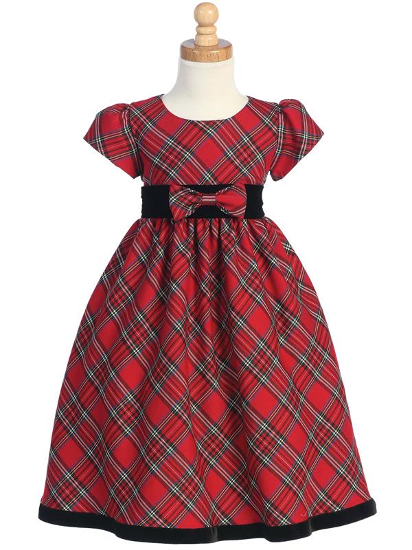 Plaid Girls Holiday Dress Short Cap Sleeve - Red