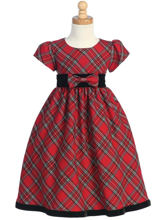 Plaid Girls Holiday Dress Short Cap Sleeve - Red