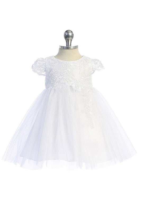 Scalloped Lace Sleeve Baby Girls Dress - White